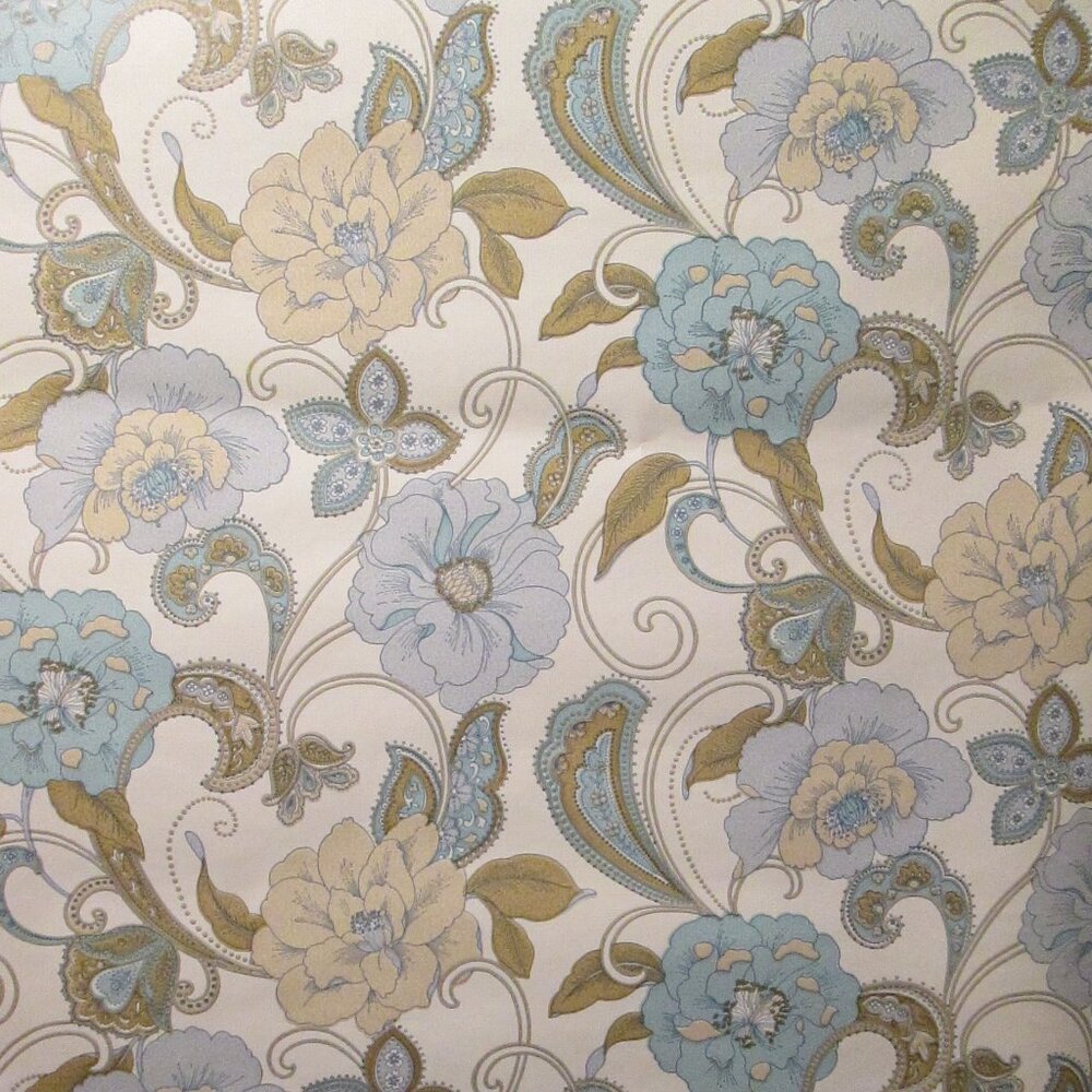 Vintage 1970s Blue and Beige Peony Paisley Motif Wallpaper